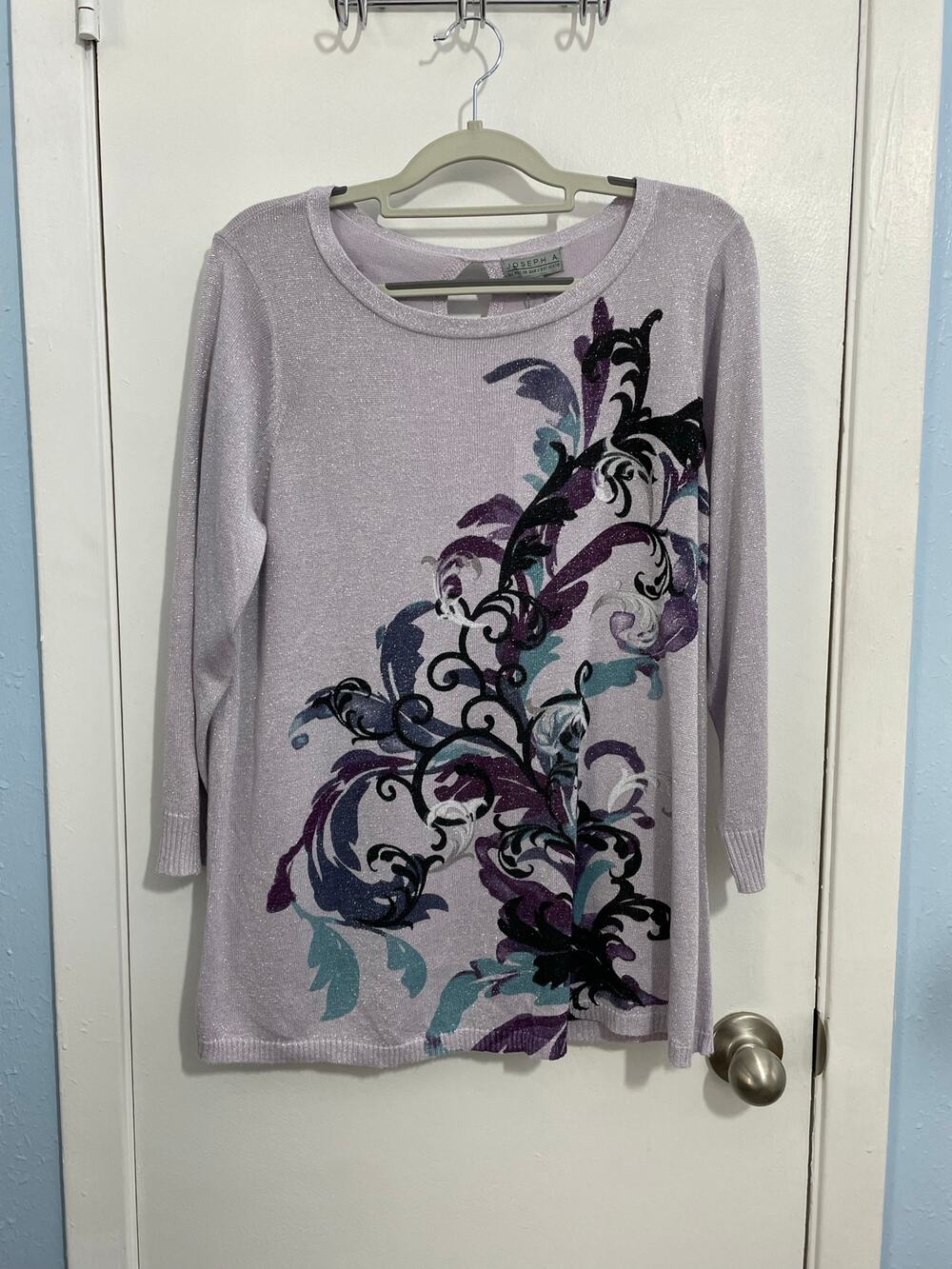 joseph A Blouse Large Purple Baroque Sparkly Stretch Knit Cottage Core NWT